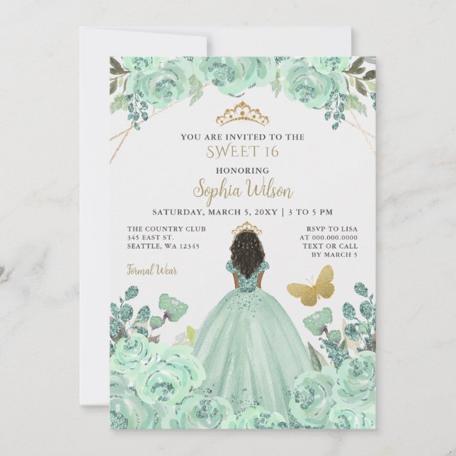 Invitation Mint or Floral Princess Butterfly Sweet 16 (Devant)