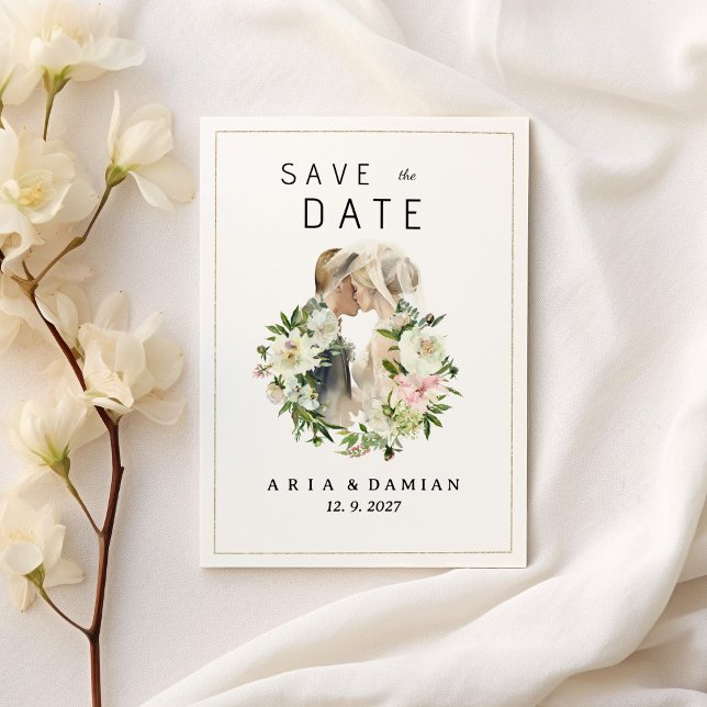 Invitation Mint rose blanc floral couple photo Enregistrer la (Mint pink white floral couple photo Save the Date)