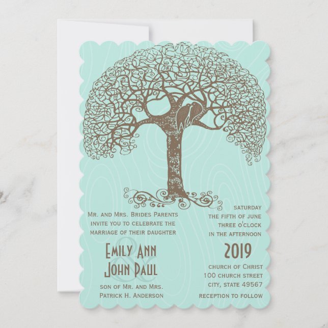 Invitation Mint Rustic Romantic Inséparable arbre Tourbillonn (Devant)
