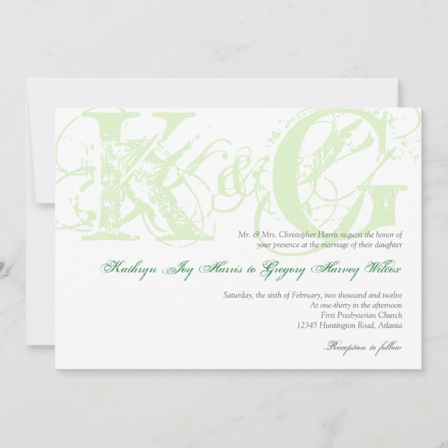Invitation Mint vert antiquité grunge monogramme mariage invi (Devant)