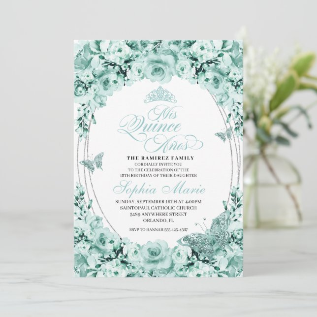 Invitation Mint Vert Argent Floral Tiara Quinceanera (Debout devant)