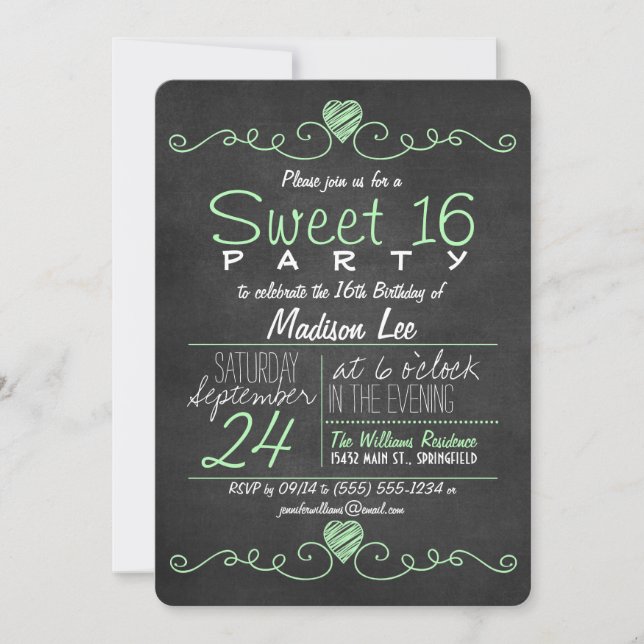 Invitation Mint Vert, Blanc Chalboard Coeurs Sweet 16 Party (Devant)