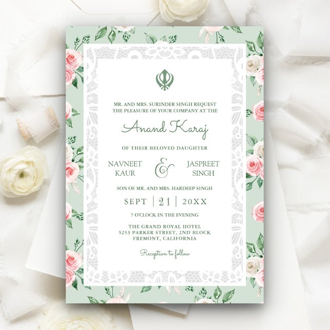Invitation Mint vert rose Anand Karaj Punjabi Sikh Mariage (Créateur téléchargé)