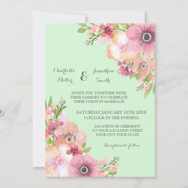 Invitation Mint Vert Rustique Rose Fleurs de mariage Invitati (Dos)