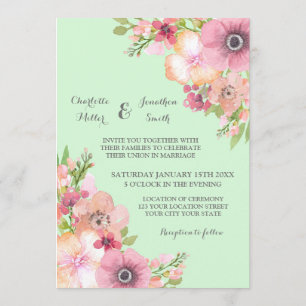 Invitation Mint Vert Rustique Rose Fleurs de mariage Invitati