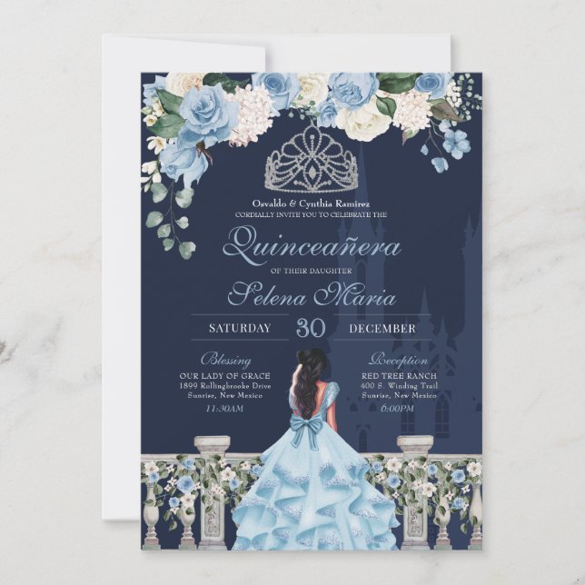 Invitation Minuit Blue Cinderella Princess Quinceañera (Devant)