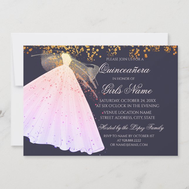 Invitation Minuit et rose Gown Étincelles Talons Quinceañera (Devant)