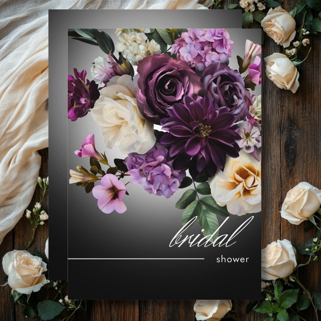 Invitation Minuit foncée violet Fête des mariées de romance f (Dark Midnight Purple Floral Romance Bridal Shower Invitation)