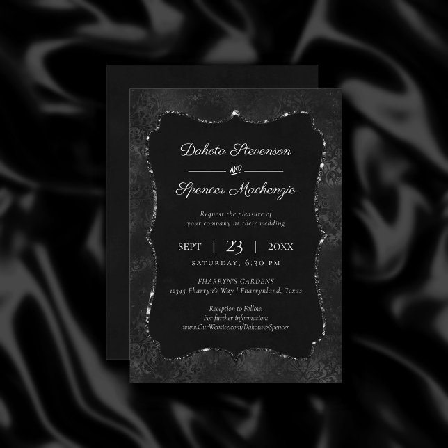 Invitation Minuit Onyx Romance | Black Satiny Grunge Damask (Créateur téléchargé)