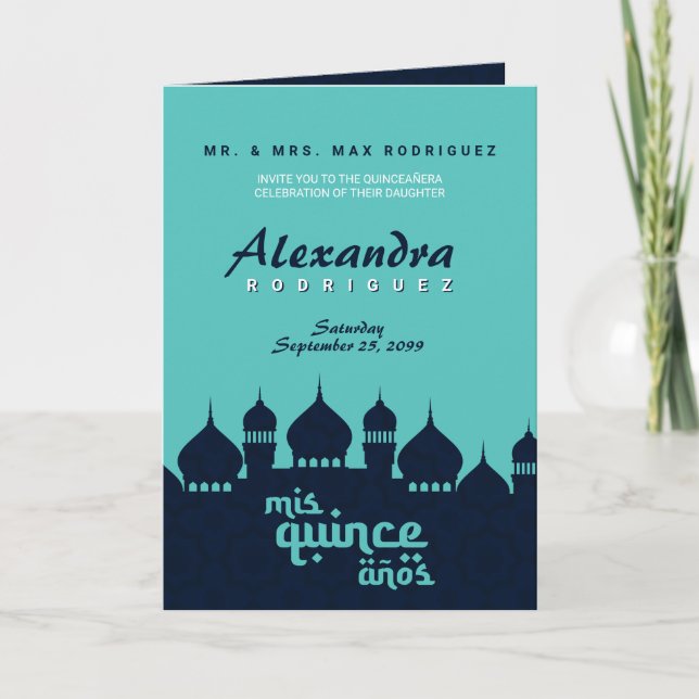Invitation Minuit Turquoise Bleue Arabe Nights Quinceañera (Devant)