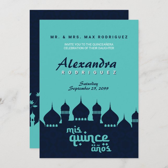 Invitation Minuit Turquoise Bleue Arabe Nights Quinceañera (Devant / Derrière)