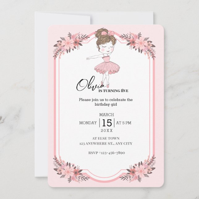 Invitation Minuscule danseur | Ballet Floral rose Fête Annive (Devant)
