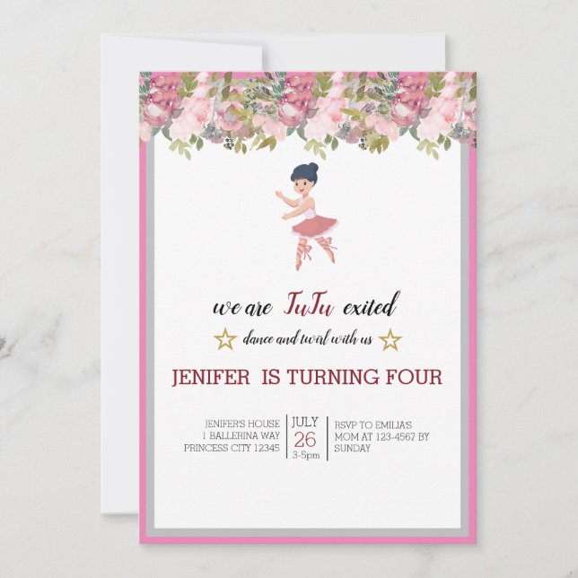 Invitation Minuscule danseur | Ballet Floral rose Fête Annive (Devant)