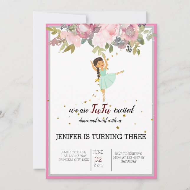 Invitation Minuscule danseur | Ballet Floral rose Fête Annive (Devant)