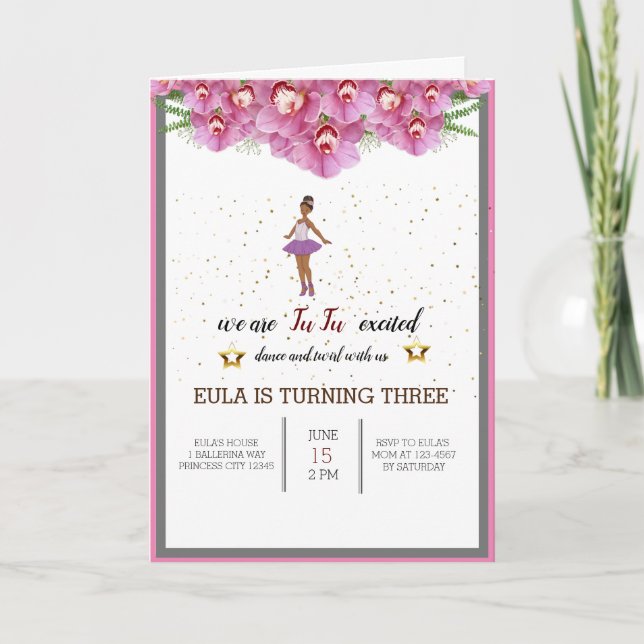 Invitation Minuscule Danseur rose Floral Ballet Anniversaire (Devant)