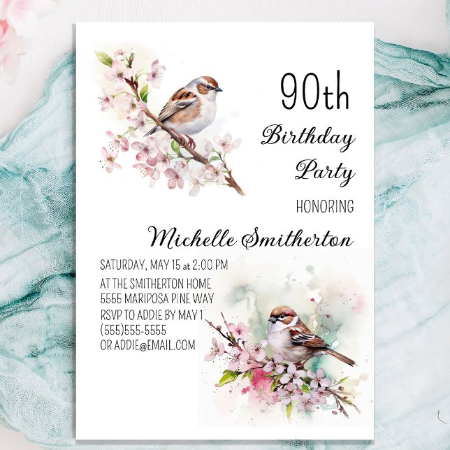 Invitation Minuscule moineau floraison de cerisier 90e annive (Pretty sparrow 90th birthday party invitation for women)
