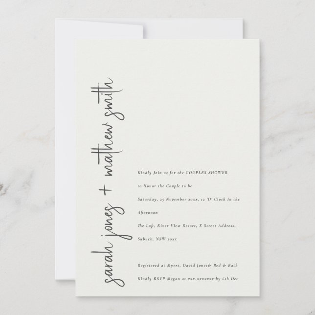 Invitation Minuscule Noir Blanc Script Couples Douche (Devant)