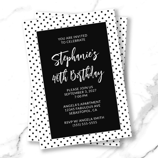 Invitation Minuscules Points Noirs Gras 40e Anniversaire (Tiny Black Polka Dots Bold 40th Birthday Invitation)