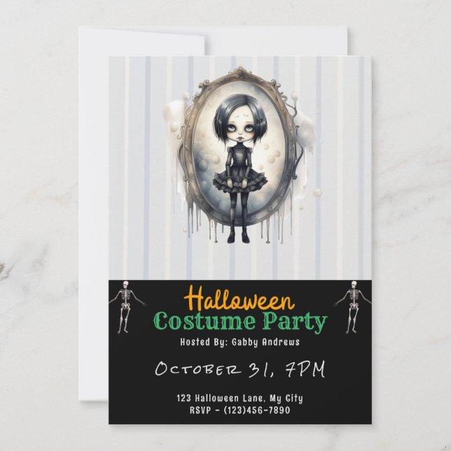 Invitation Miroir Victorien Fille Gothique Noir Halloween (Devant)