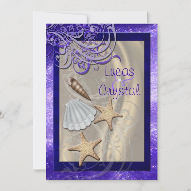 Invitation Miroiter le mariage de plage pourpre de coquillage (Devant)