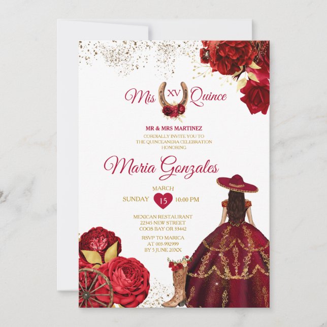 Invitation Mis Quince 15 Anos Red Roses Gold Parties scintill (Devant)