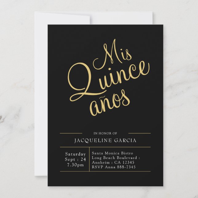 Invitation Mis Quince Anos Black Gold Quinceanera moderne (Devant)