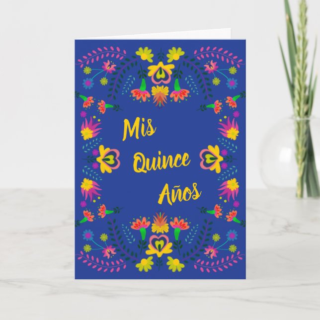 Invitation Mis Quince Anos Blue Floral Fête mexicaine (Devant)