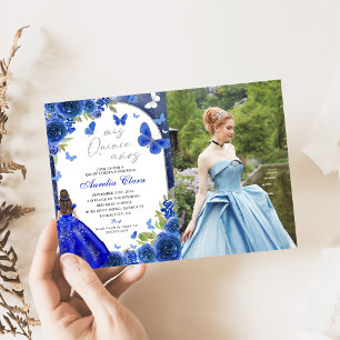 Invitation Mis Quince Anos Blue Silver Rose Quinceanera Photo