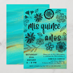 Invitation Mis Quince Años Chic Turquoise Floral Quinceañera