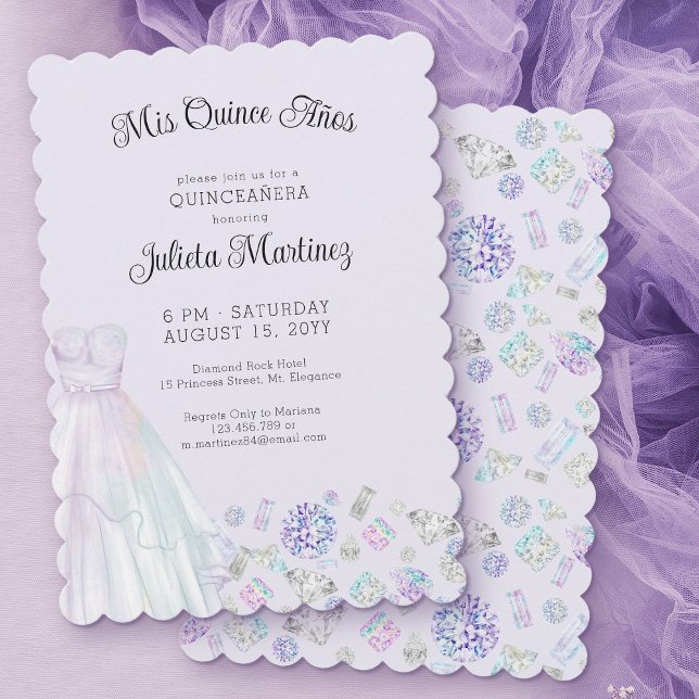 Invitation Mis Quince Anos Diamond Princesse Lilac Quinceaner (Mis Quince Invitation with princess dress and diamonds)