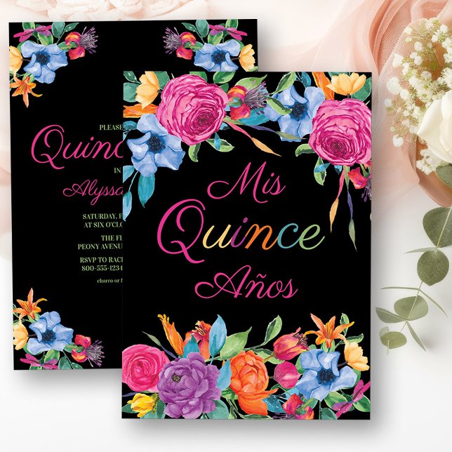 Invitation Mis Quince Anos Fiesta Fleurs Quinceanera Noir (Mis Quince Invitation from my Fiesta Flowers Quinceanera Collection)