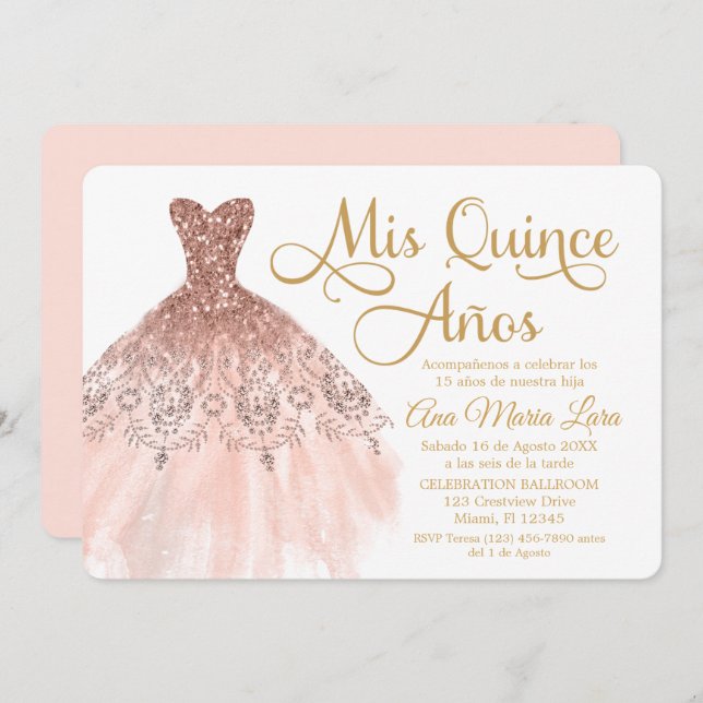Invitation Mis Quince Años Invitación de Quinceañera Rosada (Devant / Derrière)