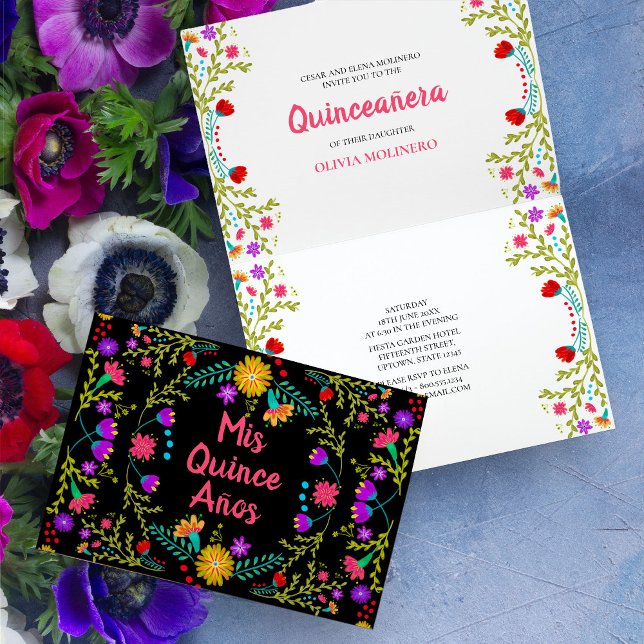 Invitation Mis Quince Anos Mexicaine Fiesta Black Quinceanera (Colorful Mis Quince folded invitation  with mexican fiesta flowers)