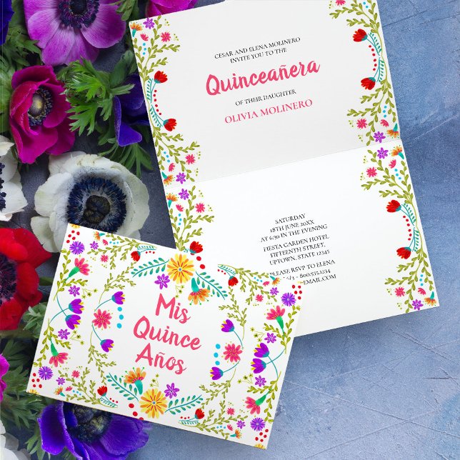 Invitation Mis Quince Anos Mexican Fiesta Party Quinceanera (Colorful Mis Quince folded invitation  with mexican fiesta flowers)