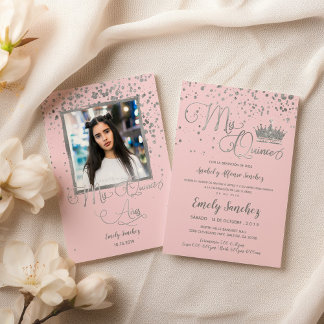 Invitation Mis Quince Anos Pink Silver Confetti Photo espagno
