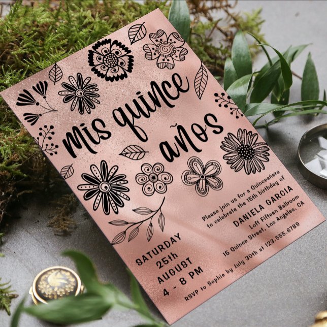 Invitation Mis Quince Años Rose Gold Chic Floral Quinceañera (Créateur téléchargé)