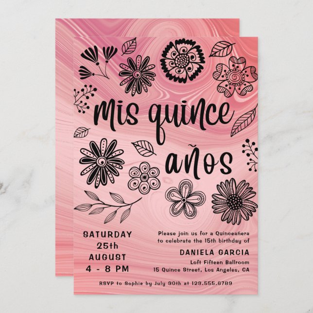 Invitation Mis Quince Años Rose Moderne Floral Quinceañera (Devant / Derrière)