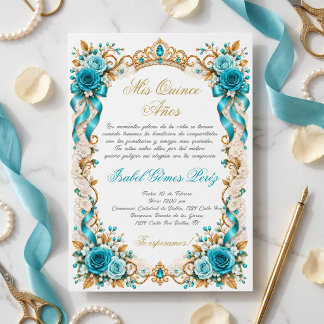 Invitation Mis Quince Años, Roses Sarcelle Couronne d'Or