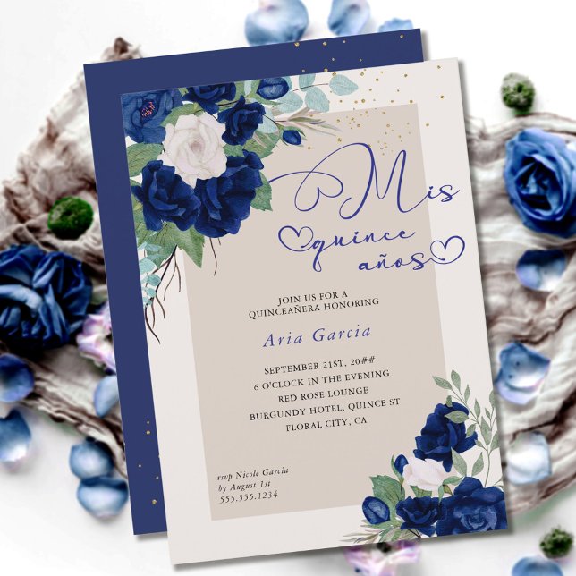 Invitation Mis Quince Anos Royal Blue Navy Floral Quinceanera (Créateur téléchargé)