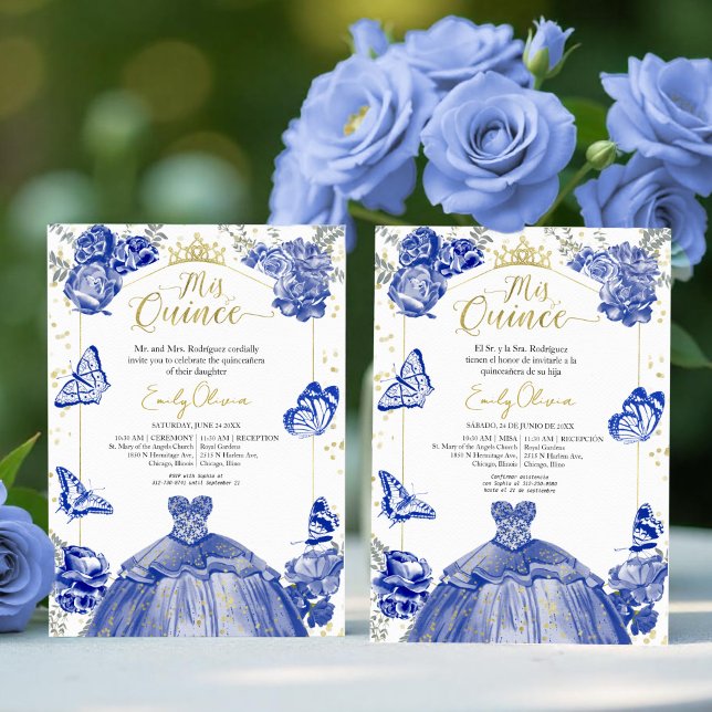 Invitation Mis Quince Bilingue Robe Bleue Royale (Créateur téléchargé)
