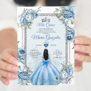 Invitation Mis Quince Bleu Floral Argent Couronne Quinceañera