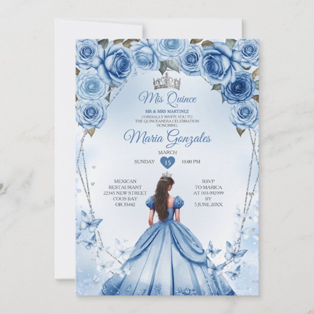 Invitation Mis Quince Bleu Floral Argent Couronne Quinceañera (Devant)