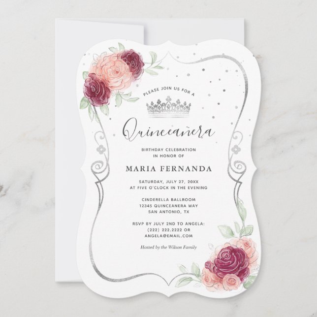 Invitation Mis Quince Burgundy Blush et Silver Quinceanera (Devant)