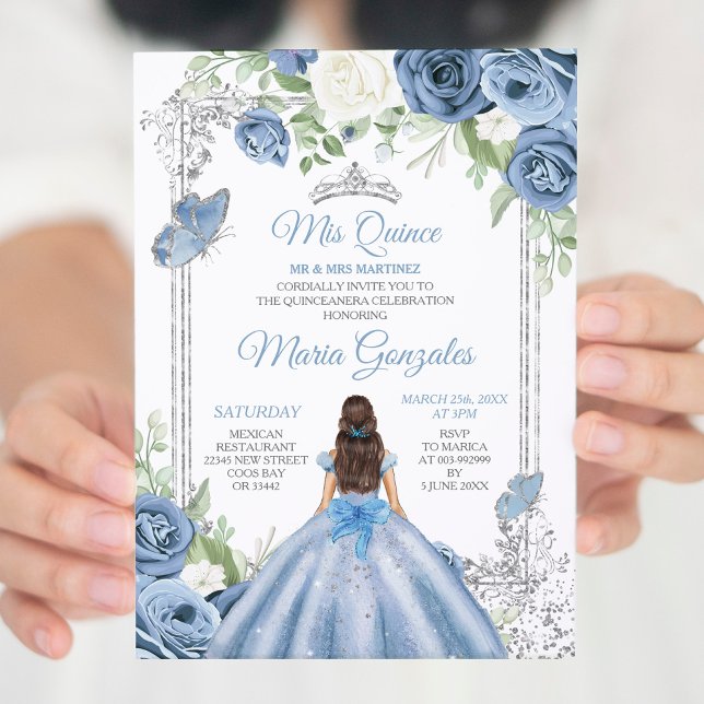 Invitation Mis Quince Dusty Blue & Silver Floral Quinceañera (Créateur téléchargé)