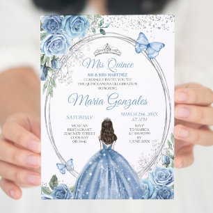 Invitation Mis Quince Dusty Blue & Silver Floral Quinceañera