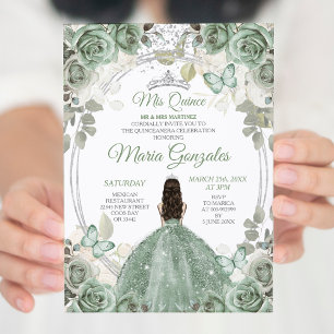 Invitation Mis Quince Dusty Green & Silver Floral Quinceañera