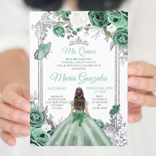 Invitation Mis Quince Dusty Green & Silver Floral Quinceanera