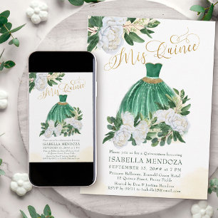 Invitation Mis Quince Emerald Green Peony blanc Quinceanera