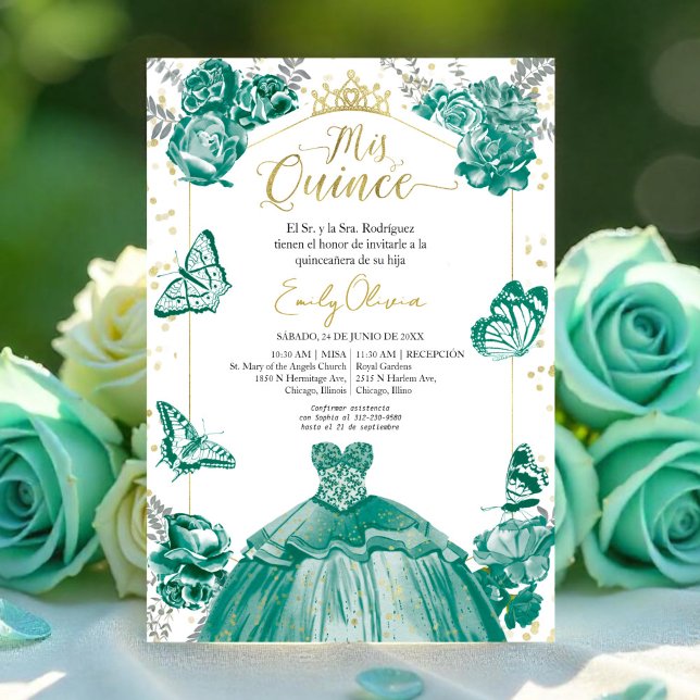 Invitation Mis Quince Espagnol Emerald Green (Créateur téléchargé)