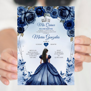Invitation Mis Quince Marine Bleu Floral Couronne Quinceañera